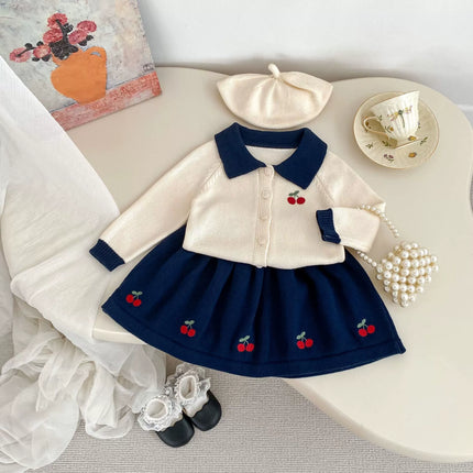 Spring and Autumn Kids Girls Cherry Embroidered Pattern Long Sleeves Knitted Cardigan and Skirt Clothing Set-3