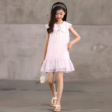 Design Summer Kids Girls French Style Purple Fashion Lace Trim Collar Dress-2