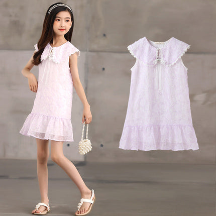 Design Summer Kids Girls French Style Purple Fashion Lace Trim Collar Dress-0
