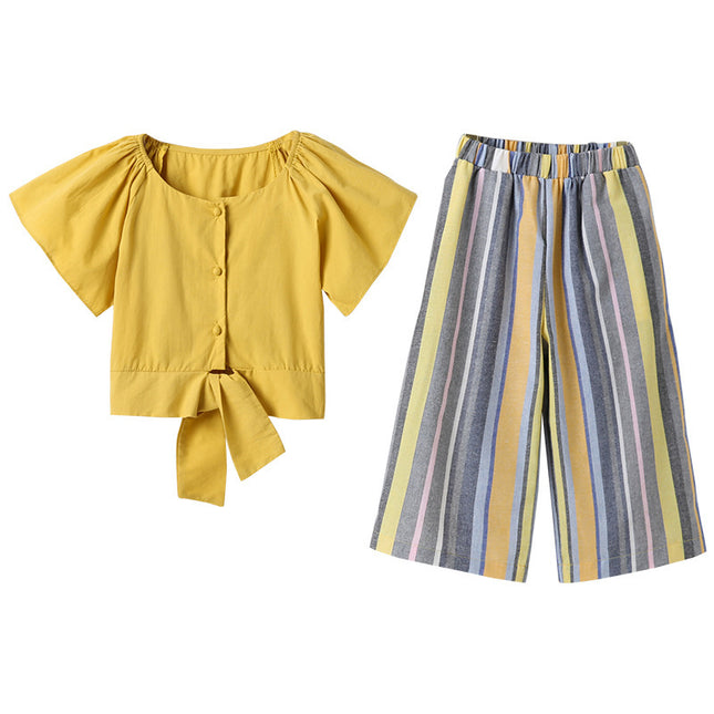 Girls’ Summer Korean Style Two-Piece Pants Set – Yellow Top & Strong Pants