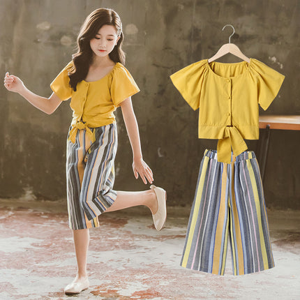 Girls’ Summer Korean Style Two-Piece Pants Set – Yellow Top & Strong Pants