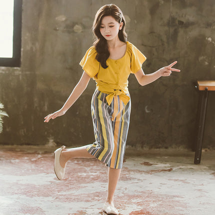 Girls’ Summer Korean Style Two-Piece Pants Set – Yellow Top & Strong Pants