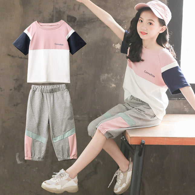 Girls’ Summer Casual Cotton Pants Set – Short Sleeve Pullover Outfit