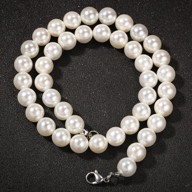 Shell Bead Pearl Necklace – Unisex Geometric Chain with Cross Pendant