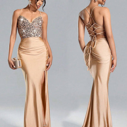 Lustra Sequin Slit Gown Suspended Backless Maxi with High Waist & Patchwork Glamour