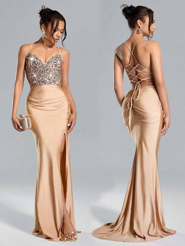 Lustra Sequin Slit Gown Suspended Backless Maxi with High Waist & Patchwork Glamour