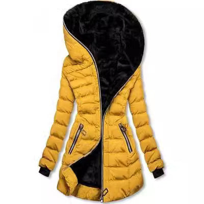 Hooded Warm Fleece Padded Jacket Mid-length Jacket Black Padded Jacket