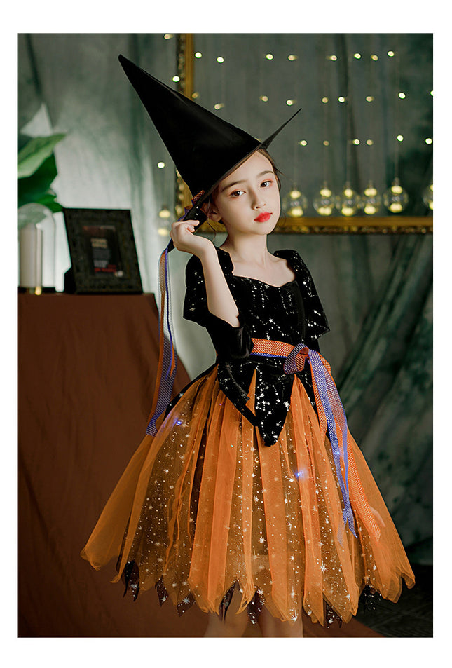 Girls’ Halloween Witch Costume Set – Hat, Dress & Magic Stick