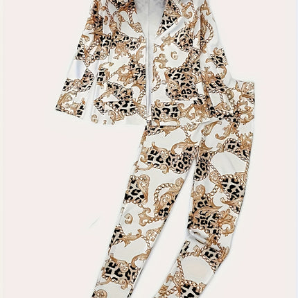 Aureva Geo Set Micro-Stretch Lapel Blazer & Printed Trousers in Sculpted Spring-Fall Silhouette