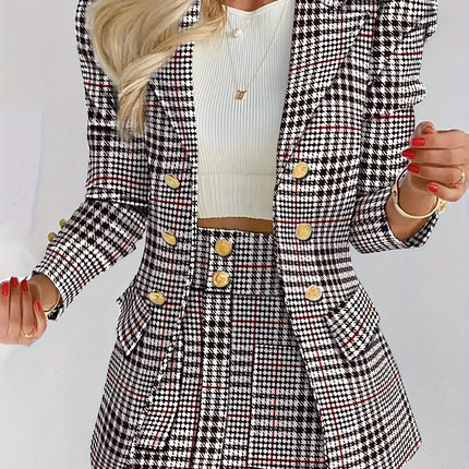 Elowen Plaid Skirt Suit Tailored Lapel Jacket & High-Waist Skirt in Elegant Check Pattern
