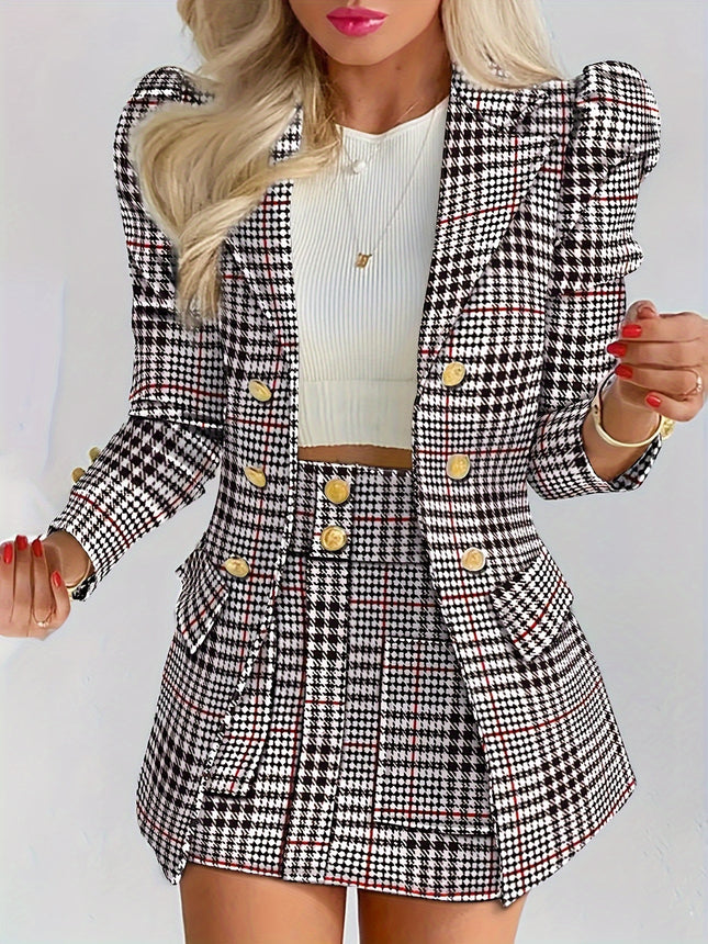 Elowen Plaid Skirt Suit Tailored Lapel Jacket & High-Waist Skirt in Elegant Check Pattern