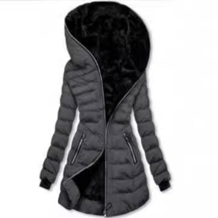 Hooded Warm Fleece Padded Jacket Mid-length Jacket Black Padded Jacket