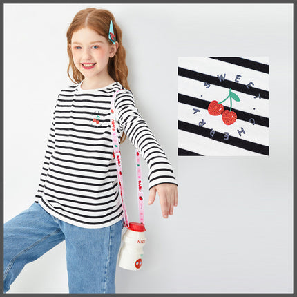 Girls’ Casual Striped Cotton Long Sleeve Top – Round Neck