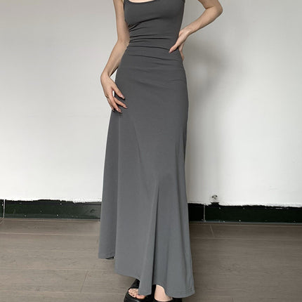 High-Waist Slimming Strap Dress, Solid Color Casual A-Line Knee-Length For Women