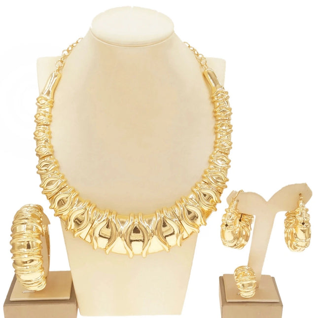 Fashion Dubai Gold Plated Women Jewelry Italian Design Style Big Necklace Banquet Festive Earrings Ring Accessories