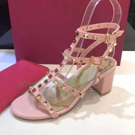 Rivets T-Strap Summer Heels Sandals Women's Luxury Trendy Chunky Heels Sandals Studded Slingback Casual Summer White Party Shoes