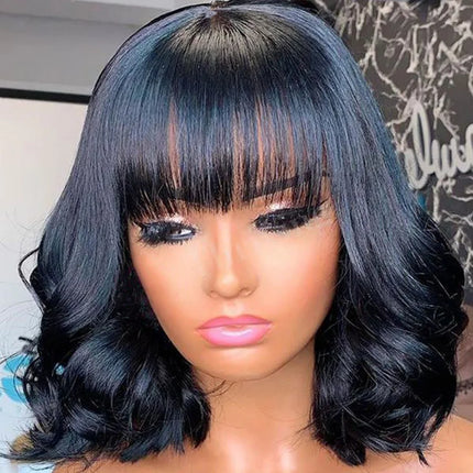 Short Bob Wig Loose Body Wave Wig With Bangs Brazilian Remy 100% Human Hair Wigs For Women Full Machine Glueless Wavy Bob Wigs