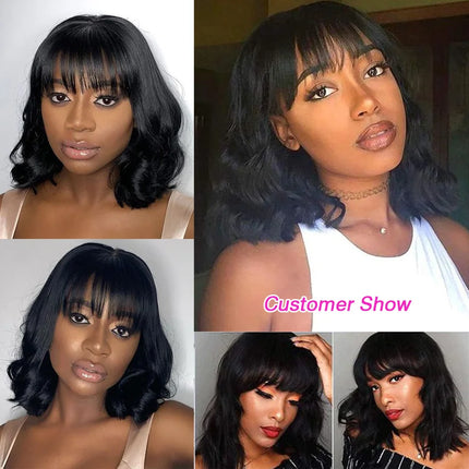 Short Bob Wig Loose Body Wave Wig With Bangs Brazilian Remy 100% Human Hair Wigs For Women Full Machine Glueless Wavy Bob Wigs