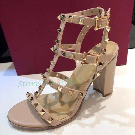 Rivets T-Strap Summer Heels Sandals Women's Luxury Trendy Chunky Heels Sandals Studded Slingback Casual Summer White Party Shoes