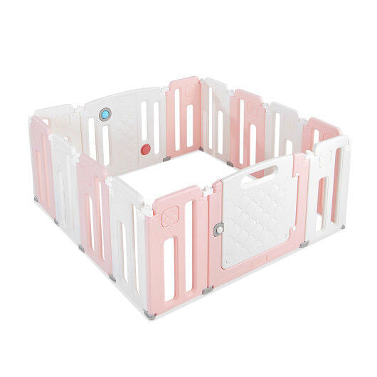 14 Panels Kids Safety Activity Play Center with Drawing Board-Pink-1