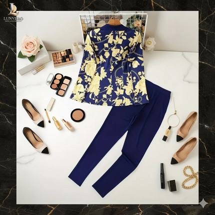 Celestine Chain Set Printed Slim-Fit Blazer & Pure Blue Leggings in Sculpted All-Season Elegance