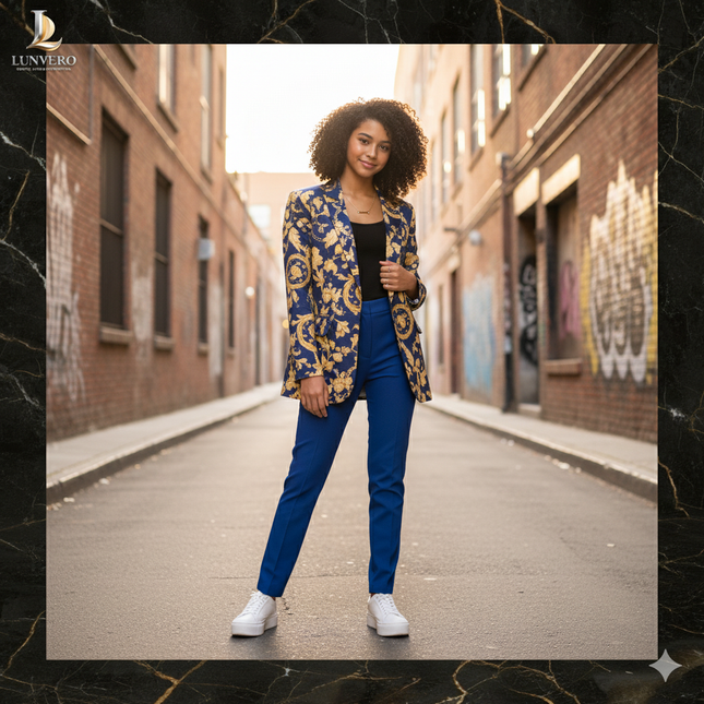 Celestine Chain Set Printed Slim-Fit Blazer & Pure Blue Leggings in Sculpted All-Season Elegance