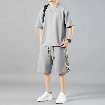 Wholesale Men's Summer Casual Embroidered Set Waffle Fabric Tshirt and Shorts Sets Custom Oversized  Plus Size T-Shirts for Mens