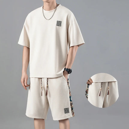Wholesale Men's Summer Casual Embroidered Set Waffle Fabric Tshirt and Shorts Sets Custom Oversized  Plus Size T-Shirts for Mens