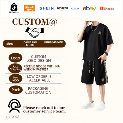 Wholesale Men's Summer Casual Embroidered Set Waffle Fabric Tshirt and Shorts Sets Custom Oversized  Plus Size T-Shirts for Mens