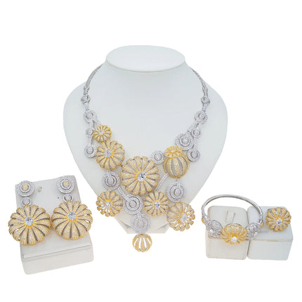 Yulaili big two tone flower American Zirconia Jewelry Set statement Necklace Bracelet Earrings Ring Four Pieces Set for Wedding