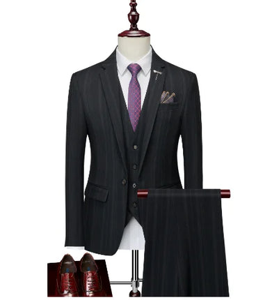 Vertical Stripe Men's Suit Homme Slim Fit Business Korean Edition Double Breasted Suit Wedding Banquet Set of 3 Pieces