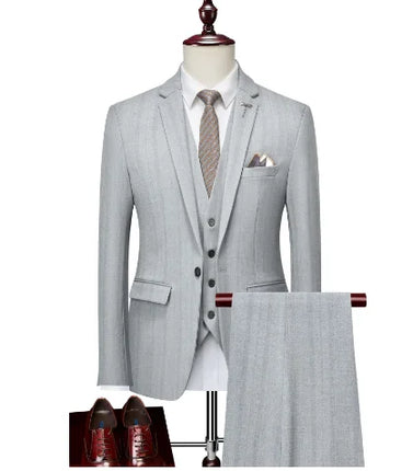Vertical Stripe Men's Suit Homme Slim Fit Business Korean Edition Double Breasted Suit Wedding Banquet Set of 3 Pieces