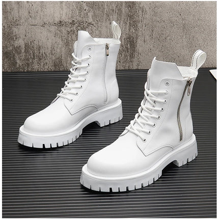 White Men Casual boots Punk High Tops Motorcycle Ankle Boots Height Increasing shoes Zapatillas Hombre