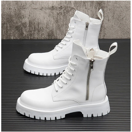 White Men Casual boots Punk High Tops Motorcycle Ankle Boots Height Increasing shoes Zapatillas Hombre