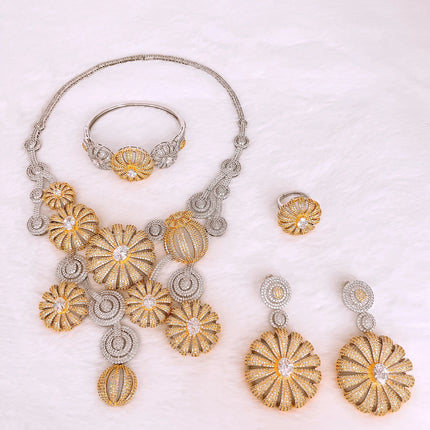 Yulaili big two tone flower American Zirconia Jewelry Set statement Necklace Bracelet Earrings Ring Four Pieces Set for Wedding