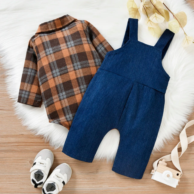 FOCUSNORM 2 Colors Autumn Baby Boys Gentleman Clothes Sets 2pcs Plaid Printed Shirts Romper+Cartoon Bear Overalls Pants