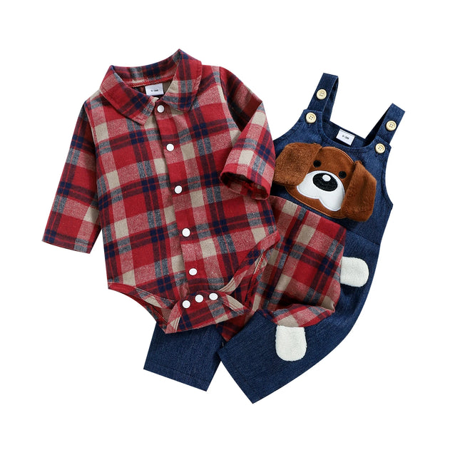 FOCUSNORM 2 Colors Autumn Baby Boys Gentleman Clothes Sets 2pcs Plaid Printed Shirts Romper+Cartoon Bear Overalls Pants