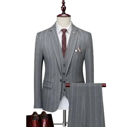 Vertical Stripe Men's Suit Homme Slim Fit Business Korean Edition Double Breasted Suit Wedding Banquet Set of 3 Pieces