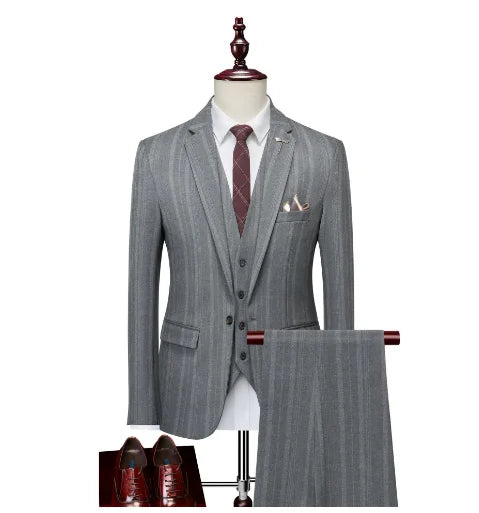 Vertical Stripe Men's Suit Homme Slim Fit Business Korean Edition Double Breasted Suit Wedding Banquet Set of 3 Pieces