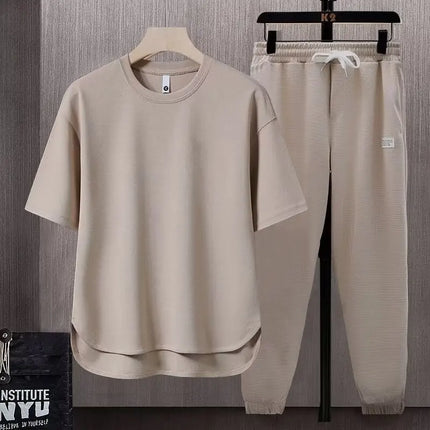 Foreign Trade Set Matching Suit Solid Color Men's T-shirt 2025 Summer Japanese Trend Ins Short-sleeved Trousers Two-piece Suit