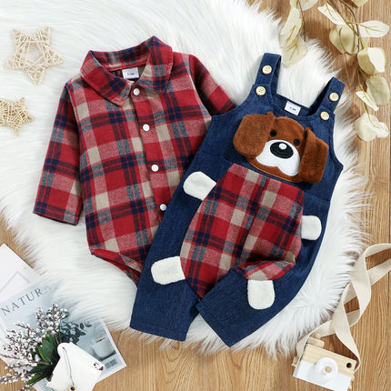 FOCUSNORM 2 Colors Autumn Baby Boys Gentleman Clothes Sets 2pcs Plaid Printed Shirts Romper+Cartoon Bear Overalls Pants