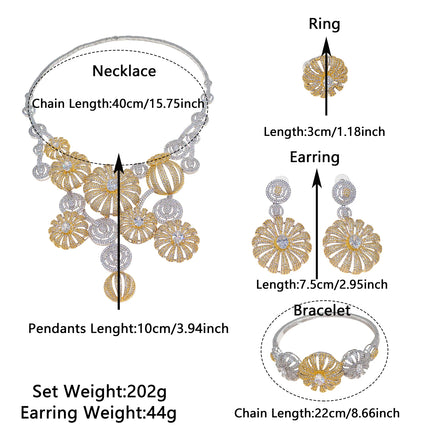 Yulaili big two tone flower American Zirconia Jewelry Set statement Necklace Bracelet Earrings Ring Four Pieces Set for Wedding