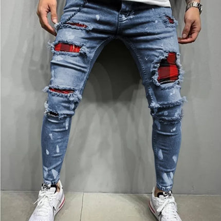 Fashion Men's Ripped Jeans Holes Zipper With Paint Slim Stretch Pencil Long Pants for Men Europe Style Casual Jeans