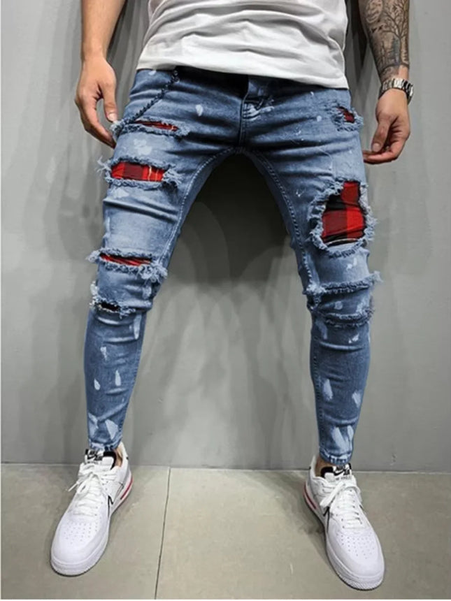 Fashion Men's Ripped Jeans Holes Zipper With Paint Slim Stretch Pencil Long Pants for Men Europe Style Casual Jeans