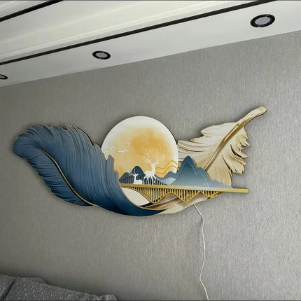 Luxury Feather Living Room Home Decoration Painting Light Luxury Sofa Background Wall Carved Wall Art LED Wholesale Custom