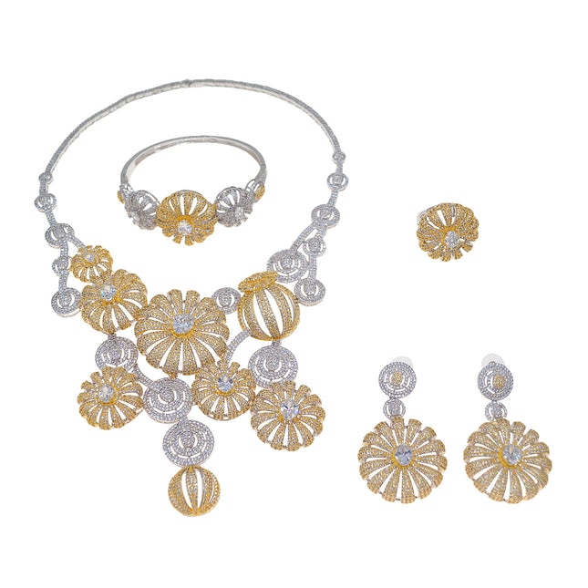 Yulaili big two tone flower American Zirconia Jewelry Set statement Necklace Bracelet Earrings Ring Four Pieces Set for Wedding