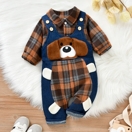 FOCUSNORM 2 Colors Autumn Baby Boys Gentleman Clothes Sets 2pcs Plaid Printed Shirts Romper+Cartoon Bear Overalls Pants
