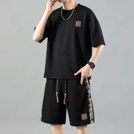 Wholesale Men's Summer Casual Embroidered Set Waffle Fabric Tshirt and Shorts Sets Custom Oversized  Plus Size T-Shirts for Mens