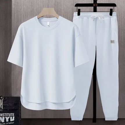 Foreign Trade Set Matching Suit Solid Color Men's T-shirt 2025 Summer Japanese Trend Ins Short-sleeved Trousers Two-piece Suit
