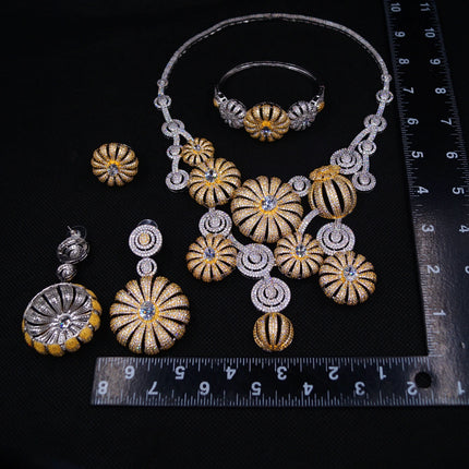 Yulaili big two tone flower American Zirconia Jewelry Set statement Necklace Bracelet Earrings Ring Four Pieces Set for Wedding